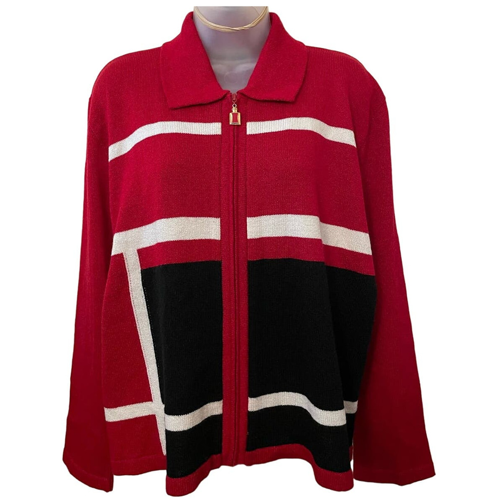 Vintage San Remo By Laura Womens XL Red/Black Knits Zip Front Cardigan Sweater